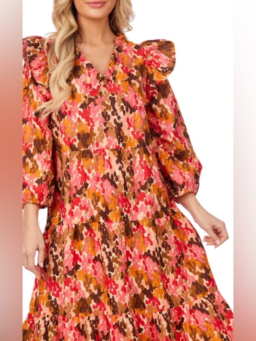 Mudpie V-Neck Ruffle Detail Patterned Midi Dress Pink Orange Multi S